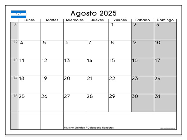 Tulostettava kalenteri, elokuu 2025, Honduras (LD)