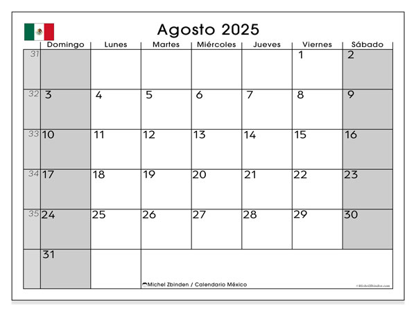 Kalender om af te drukken, augustus 2025, Mexico (DS)
