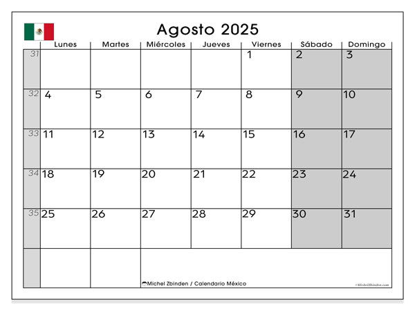 Kalender att skriva ut, augusti 2025, Mexiko (LD)