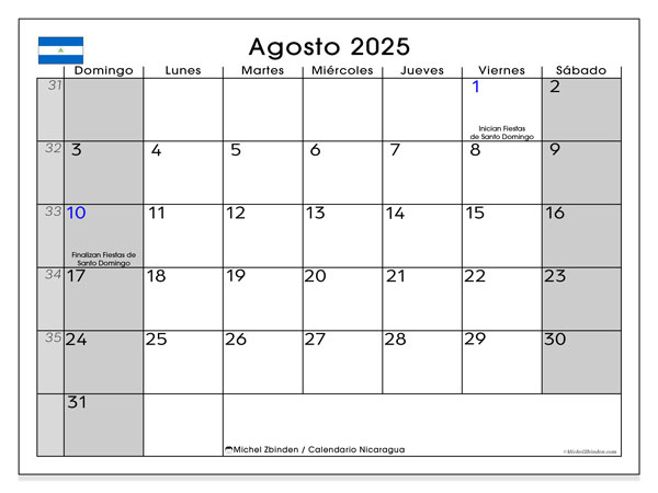 Kalender til udskrivning, august 2025, Nicaragua (DS)