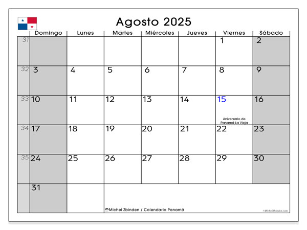 Calendario para imprimir, agosto 2025, Panamá (DS)