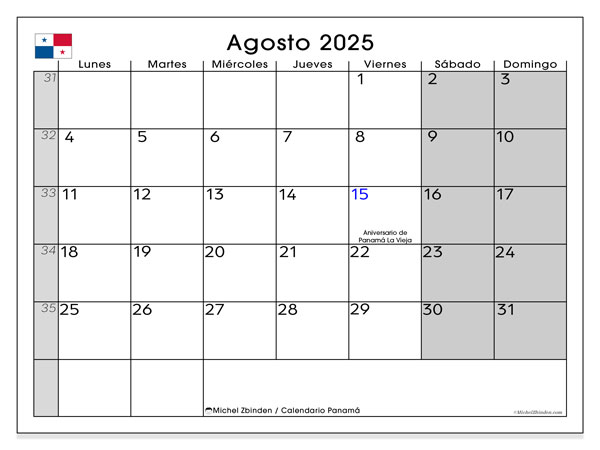 Calendario para imprimir, agosto 2025, Panamá (LD)