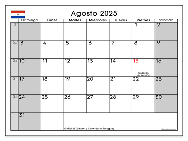 Kalender til udskrivning, august 2025, Paraguay (DS)