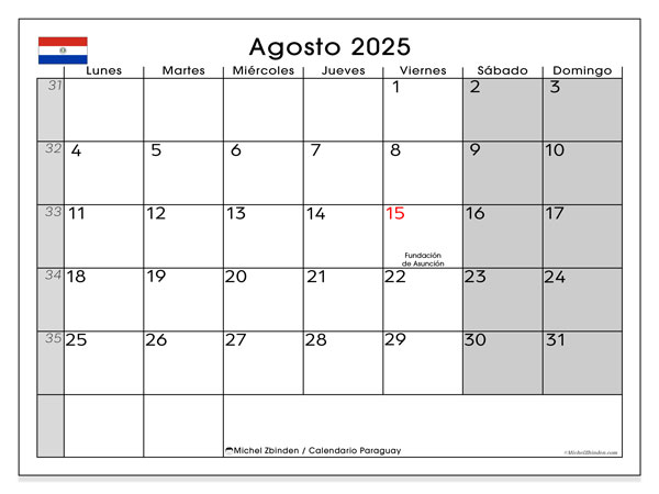 Calendario da stampare, agosto 2025, Paraguay (LD)