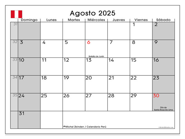 Kalender til udskrivning, august 2025, Peru (DS)