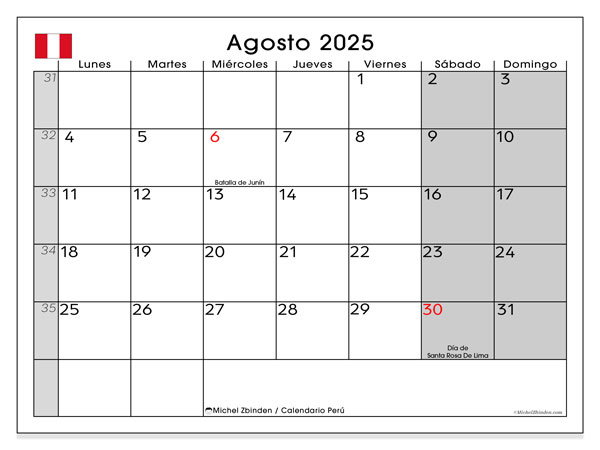 Tulostettava kalenteri, elokuu 2025, Peru (LD)