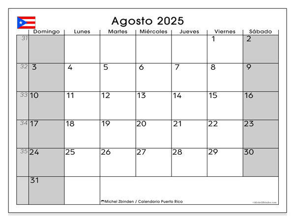 Kalender til udskrivning, august 2025, Puerto Rico