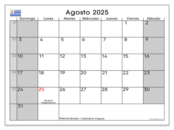 Kalender zum Ausdrucken, August 2025, Uruguay (DS)