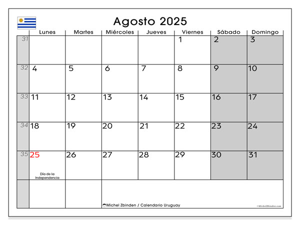 Kalender til udskrivning, august 2025, Uruguay (LD)