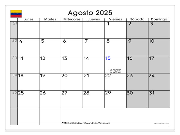 Kalender til udskrivning, august 2025, Venezuela (LD)