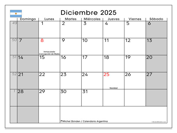 Kalender til udskrivning, december 2025, Argentina (DS)