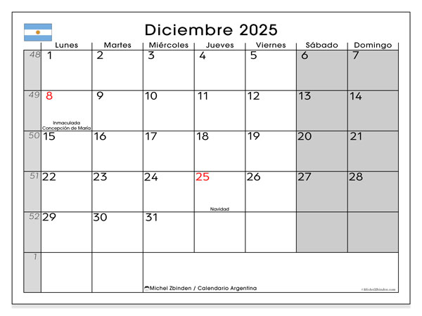 Calendario da stampare, dicembre 2025, Argentina (LD)