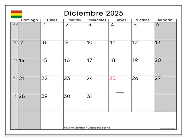 Tulostettava kalenteri, joulukuu 2025, Bolivia (DS)