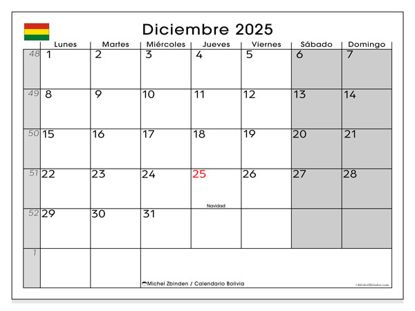 Tulostettava kalenteri, joulukuu 2025, Bolivia (LD)