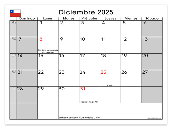 Kalender om af te drukken, december 2025, Chili (DS)
