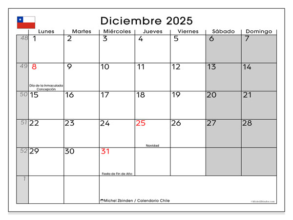 Tulostettava kalenteri, joulukuu 2025, Chile (LD)