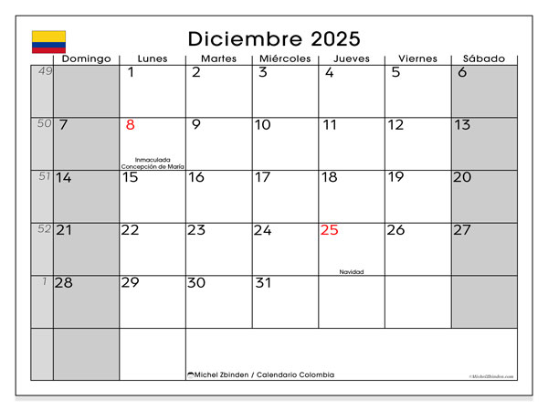 Kalender zum Ausdrucken, Dezember 2025, Kolumbien (DS)