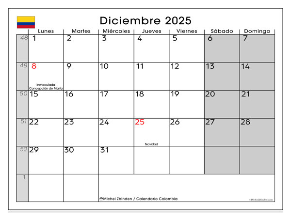 Tulostettava kalenteri, joulukuu 2025, Kolumbia (LD)