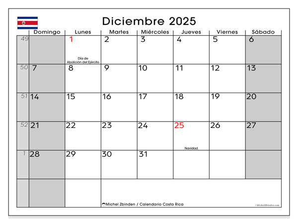 Tulostettava kalenteri, joulukuu 2025, Costa Rica (DS)