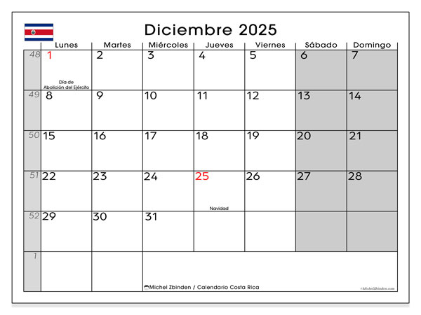 Kalender om af te drukken, december 2025, Costa Rica (LD)