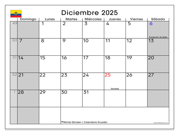 Kalender til udskrivning, december 2025, Ecuador (DS)