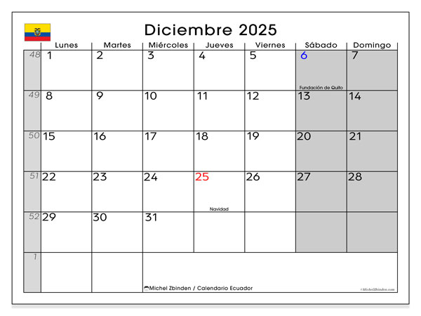 Calendrier à imprimer, decembrie 2025, Ecuador (LD)