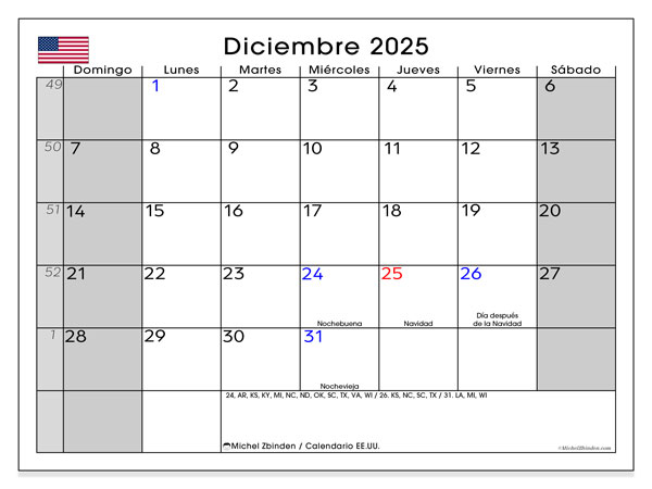 Kalender om af te drukken, december 2025, Verenigde Staten (ES)