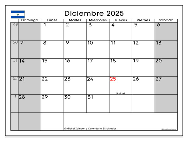 Tulostettava kalenteri, joulukuu 2025, El Salvador (DS)