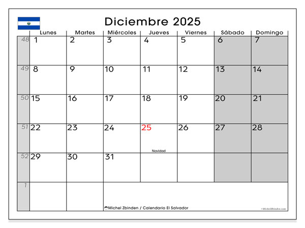 Calendario da stampare, dicembre 2025, El Salvador (LD)