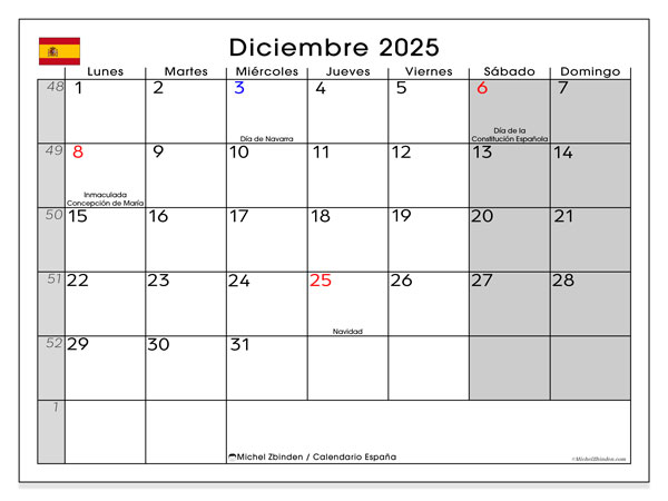 Calendario para imprimir, diciembre 2025, España