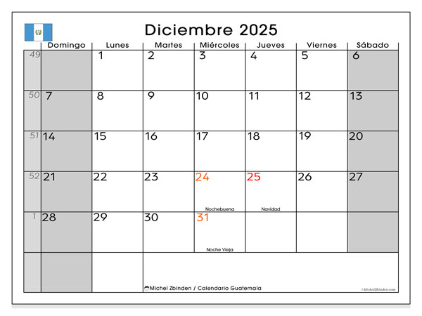 Kalender zum Ausdrucken, Dezember 2025, Guatemala (DS)