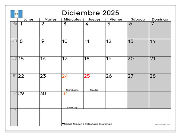 Calendrier à imprimer, decembrie 2025, Guatemala (LD)