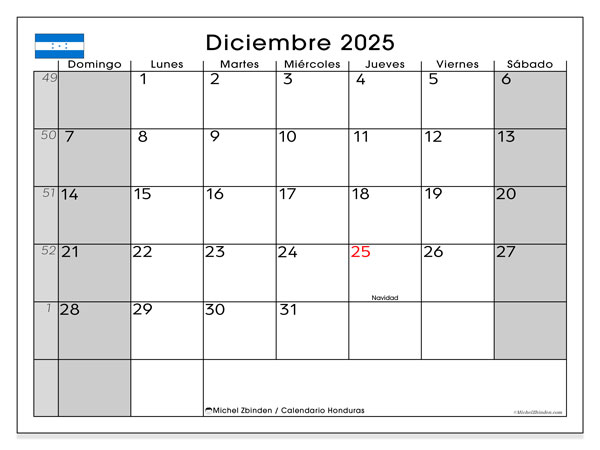 Tulostettava kalenteri, joulukuu 2025, Honduras (DS)