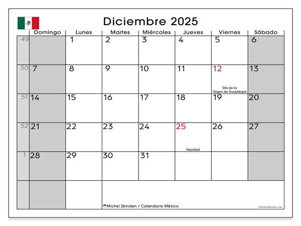 Kalendarz do druku, grudzień 2025, Meksyk (DS)