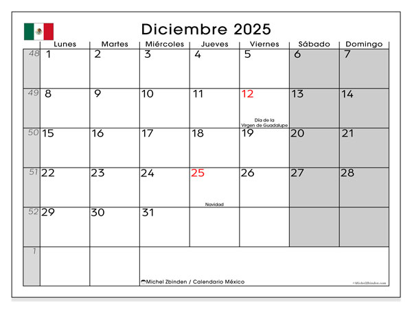 Kalender til udskrivning, december 2025, Mexico (LD)