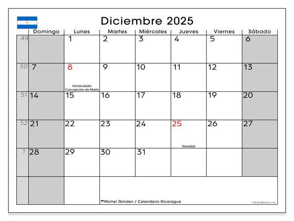 Kalender zum Ausdrucken, Dezember 2025, Nicaragua (DS)
