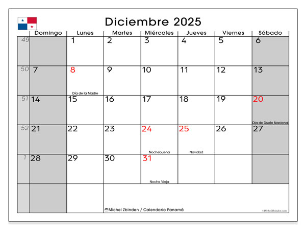Calendario para imprimir, diciembre 2025, Panamá (DS)