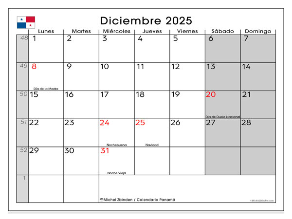 Calendario para imprimir, diciembre 2025, Panamá (LD)