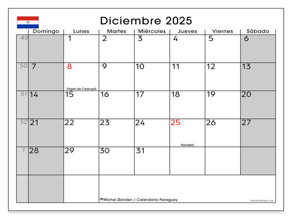 Calendario da stampare, dicembre 2025, Paraguay (DS)
