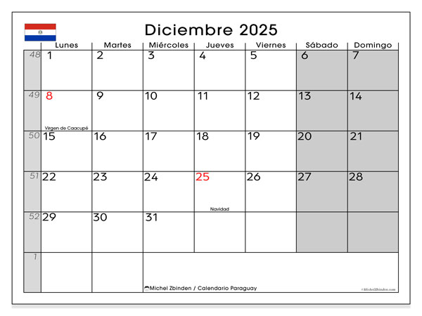 Calendario da stampare, dicembre 2025, Paraguay (LD)