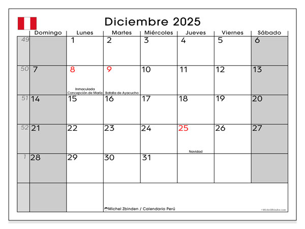 Tulostettava kalenteri, joulukuu 2025, Peru (DS)