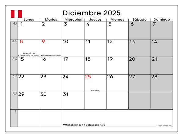 Kalender til udskrivning, december 2025, Peru (LD)
