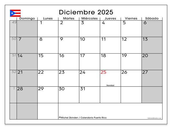 Calendrier à imprimer, decembrie 2025, Puerto Rico