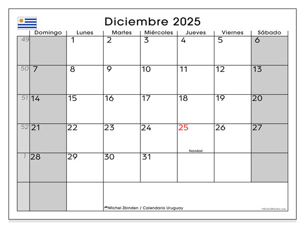 Tulostettava kalenteri, joulukuu 2025, Uruguay (DS)