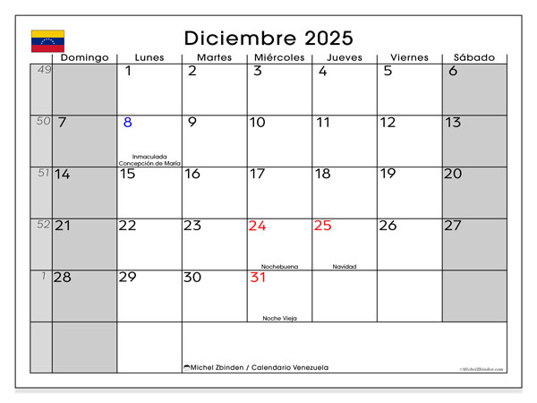 Calendario da stampare, dicembre 2025, Venezuela (DS)