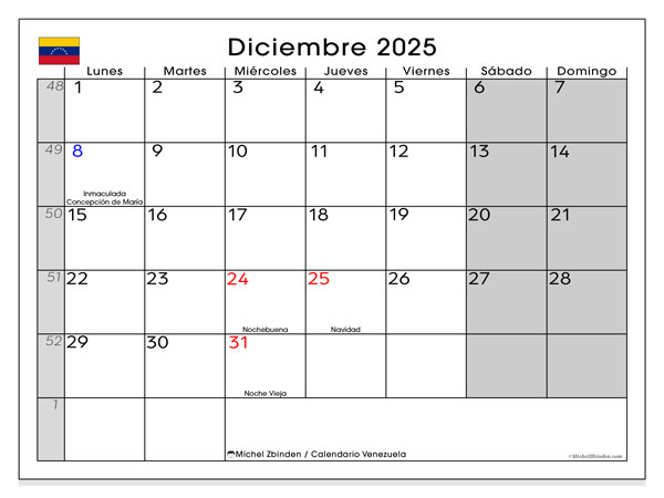 Kalender zum Ausdrucken, Dezember 2025, Venezuela (LD)