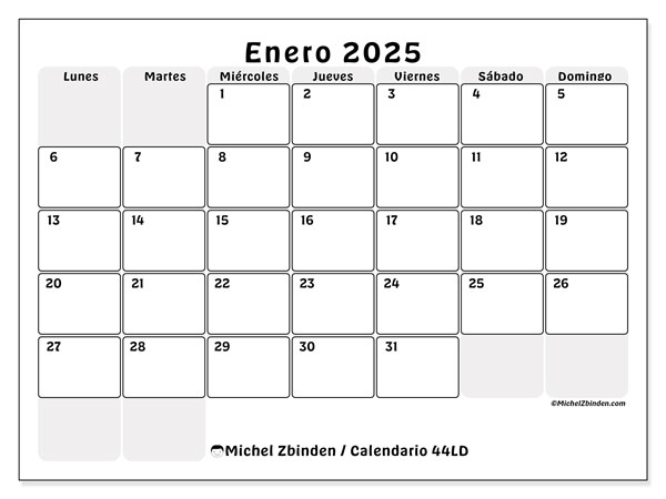 Calendario enero 2025, 44LD. Diario para imprimir gratis.