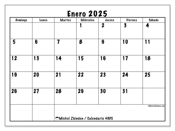 Calendario enero 2025, 48DS. Diario para imprimir gratis.