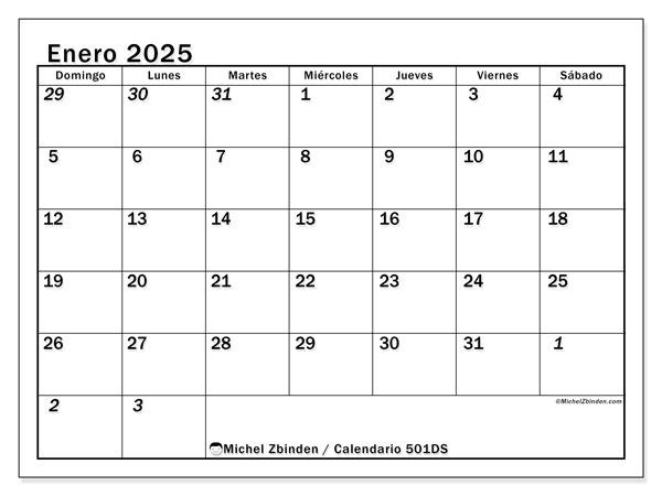 Calendario enero 2025, 501DS. Diario para imprimir gratis.