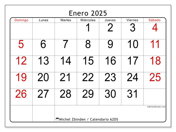 Calendario enero 2025, 62DS. Diario para imprimir gratis.